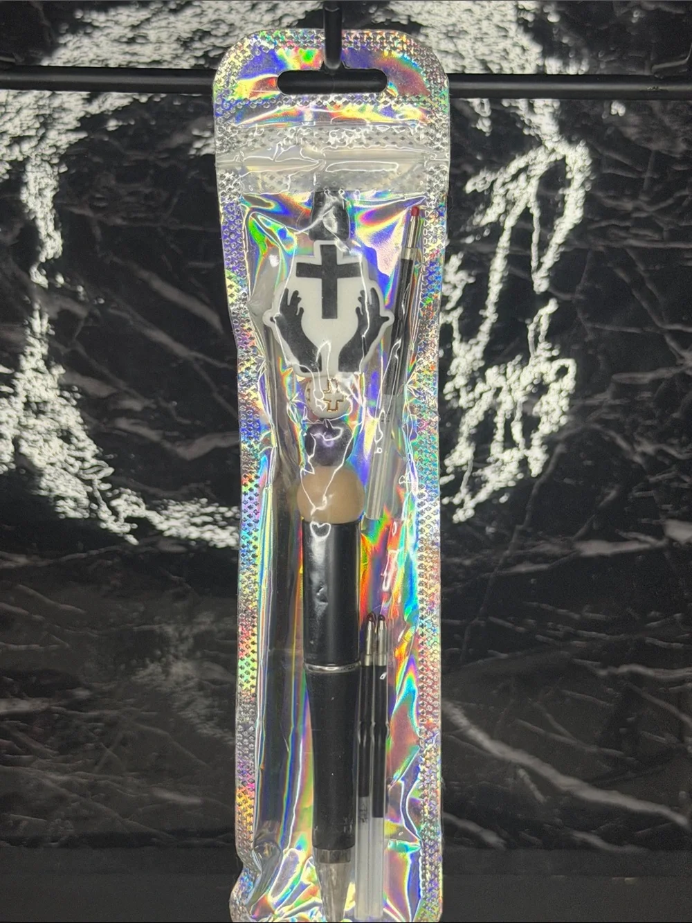 Black Cross Focal Bead Pen  Black and Blue Ink